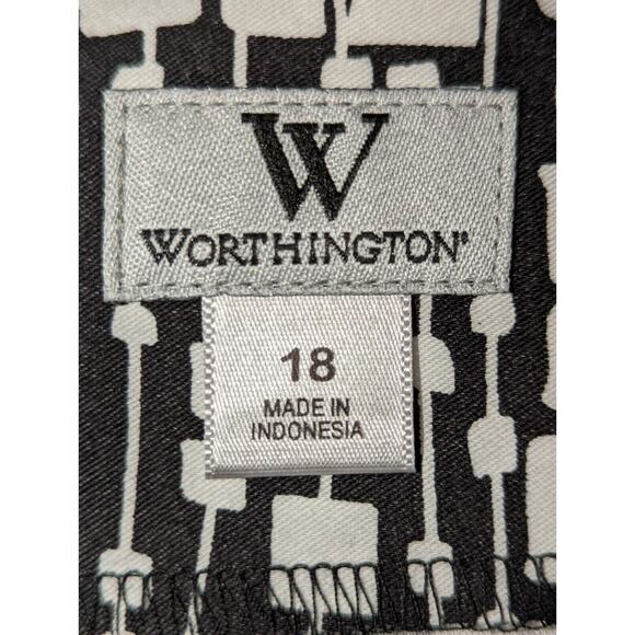 Worthington Womens 18 Black White Skirt Geometric Black Shiny Belt Back w Pleat - Picture 3 of 9